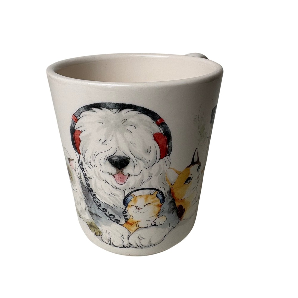 Pier‎ 1 Imports Cats Dogs Ironstone Coffee Mug Sheepdog Pug Pets Cream 4.5in